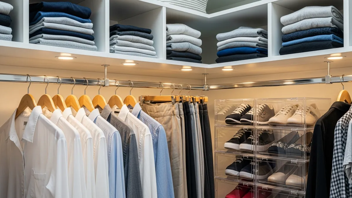 Vertical storage maximizing small walk in closet space with double hanging rods