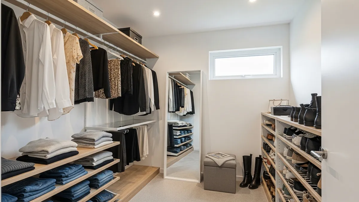 Small walk-in closet organization ideas featuring maximized storage with shelving and hanging space