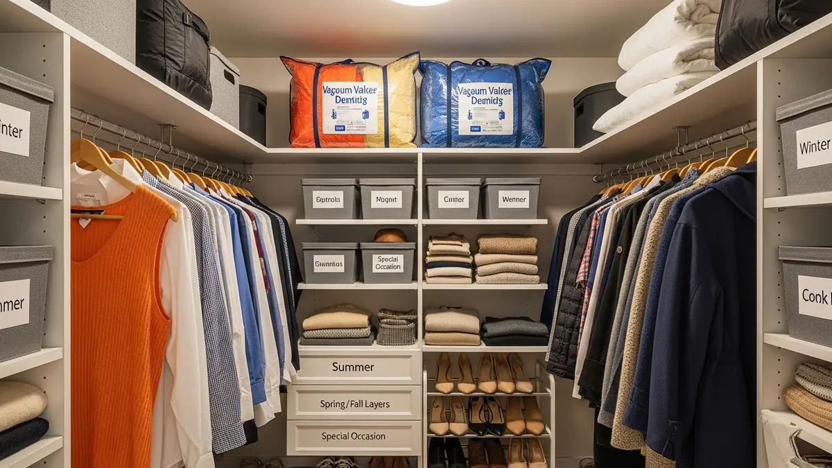 Seasonal organization ideas for small walk-in closet storage with labeled containers and vacuum bags