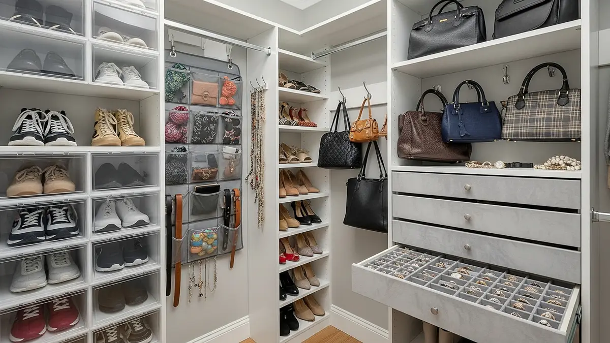 Small walk-in closet shoe storage and accessory organization ideas with clear containers