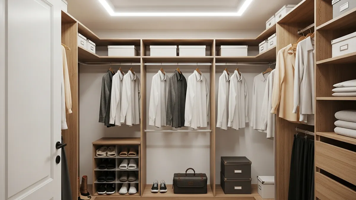 Vertical storage solutions for small walk-in closet organization with double hanging rods and shelving