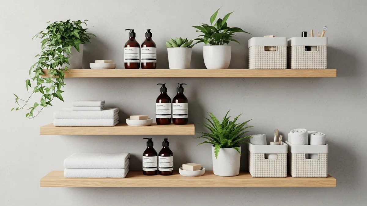Floating bathroom shelves with organized toiletries and storage baskets