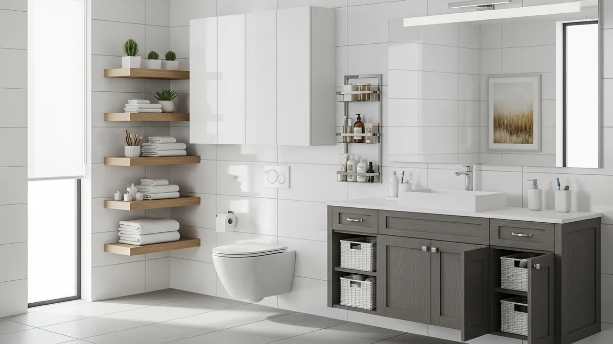Modern bathroom with smart storage solutions including shelves and organizers