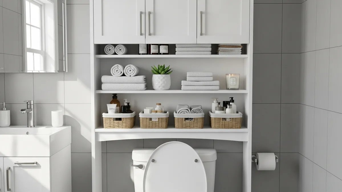 Over-toilet storage cabinet maximizing vertical bathroom space