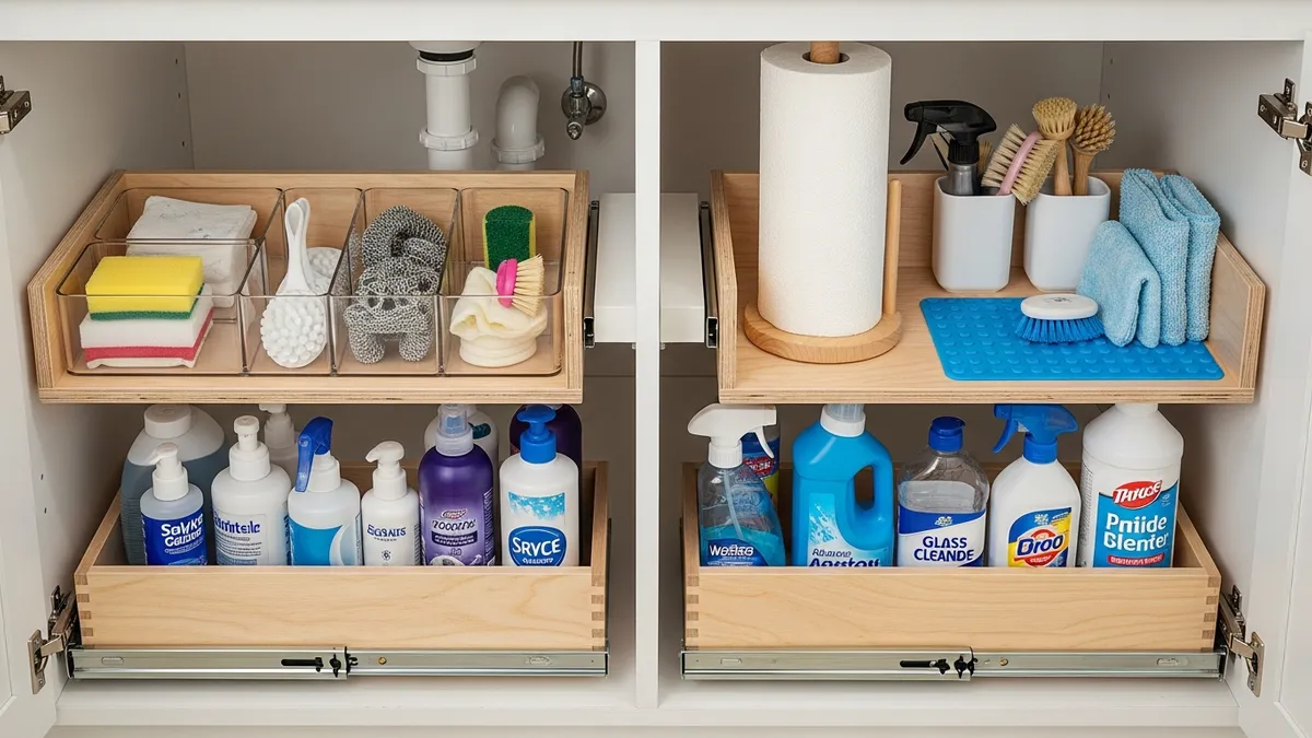 Under-sink bathroom storage with pull-out organizers and drawers