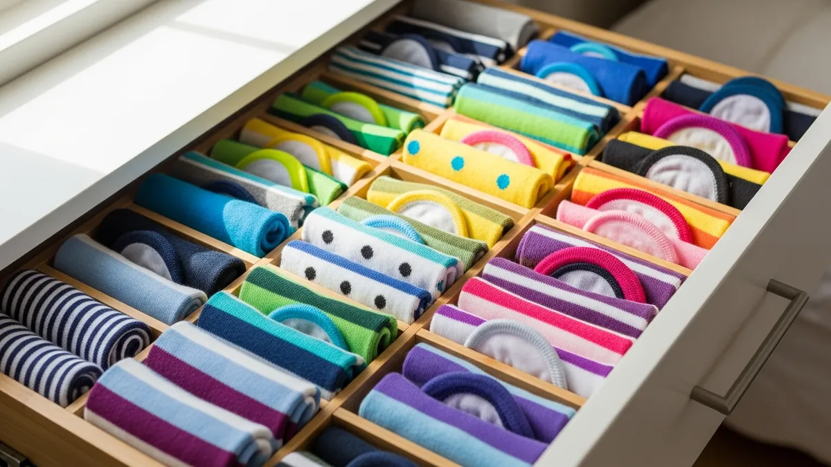 Perfectly organized sock drawer with vertical folding and drawer dividers in a cozy bedroom
