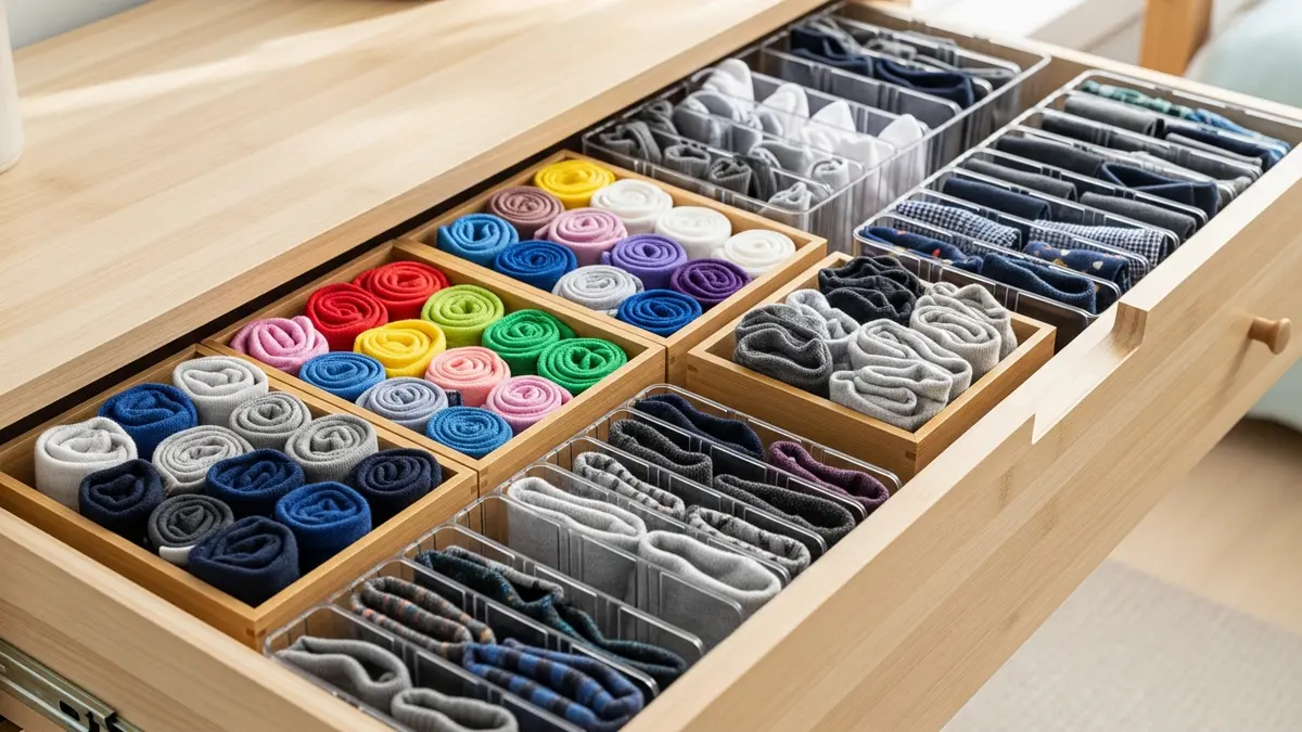 Drawer dividers and organizer inserts neatly separating different sock types inside a dresser drawer