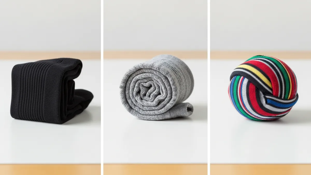 Three sock folding methods displayed side by side on a white surface for easy comparison