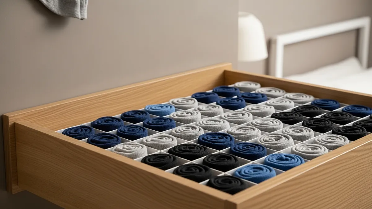 Small dresser drawer maximized with a grid organizer insert holding rolled socks in compact rows