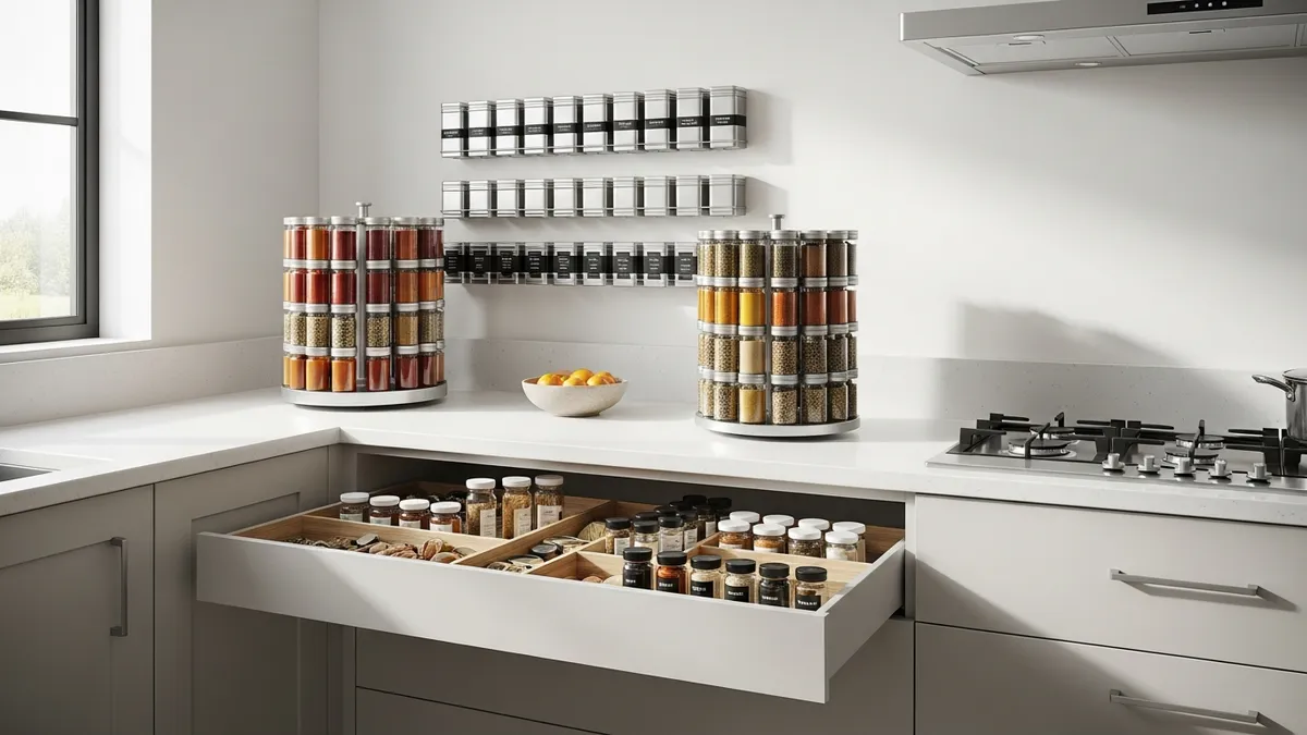 Various types of spice racks in modern kitchen showing proper spice organization