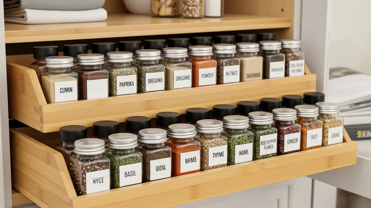 Drawer-style spice rack organizer showing labeled spice containers in neat arrangement inside kitchen cabinet