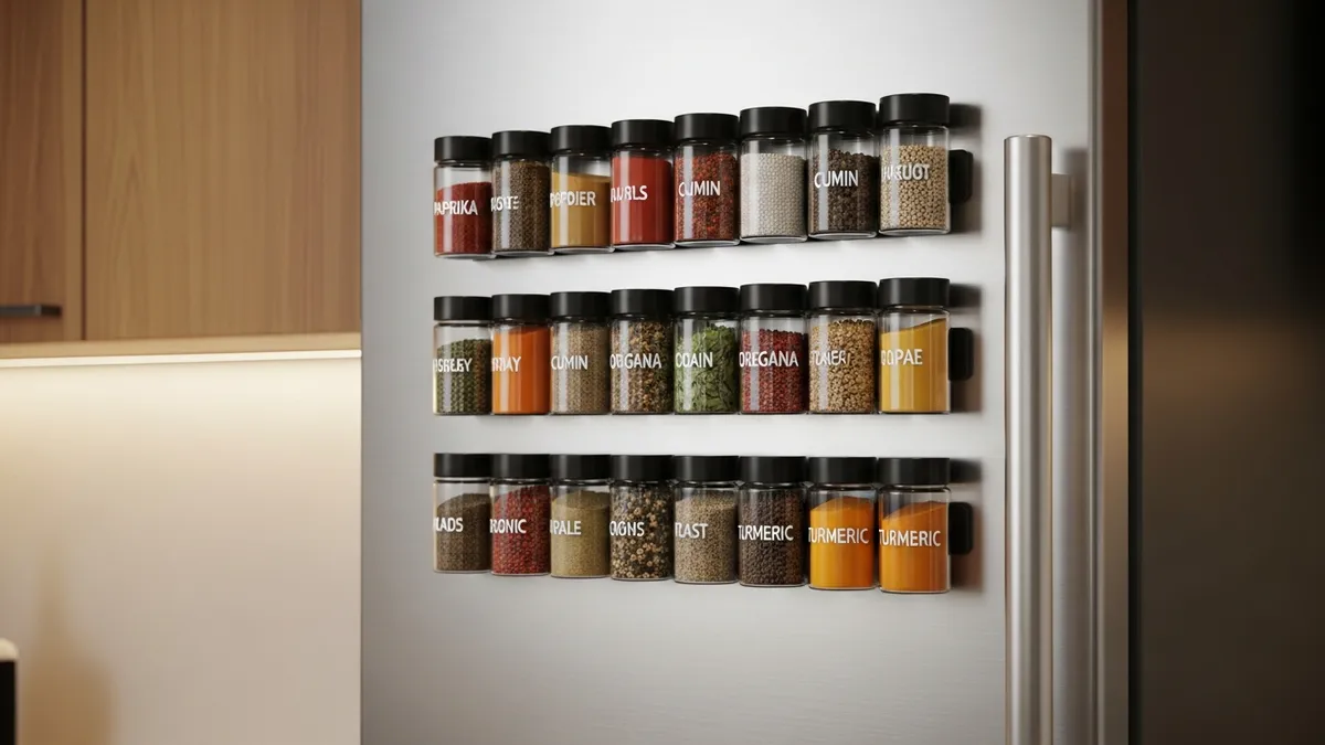 Magnetic spice rack with glass containers attached to refrigerator side for space-saving kitchen storage