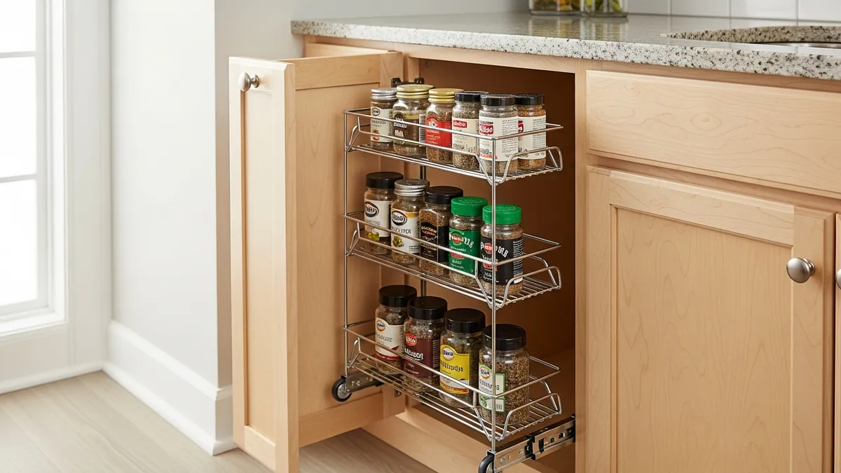 Pull-out spice rack with sliding mechanism installed in narrow kitchen cabinet showing multiple storage tiers