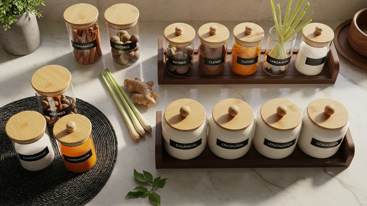 Spice storage containers arranged neatly on a kitchen countertop with labels