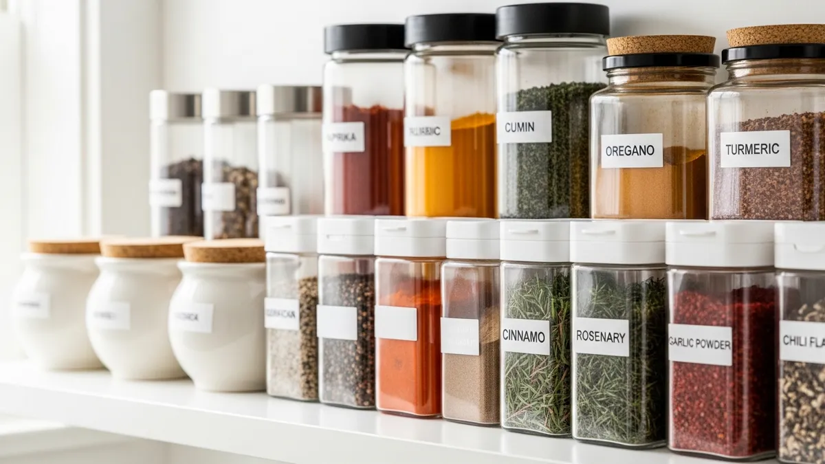 Various types of spice storage containers including glass jars and airtight containers on a kitchen shelf