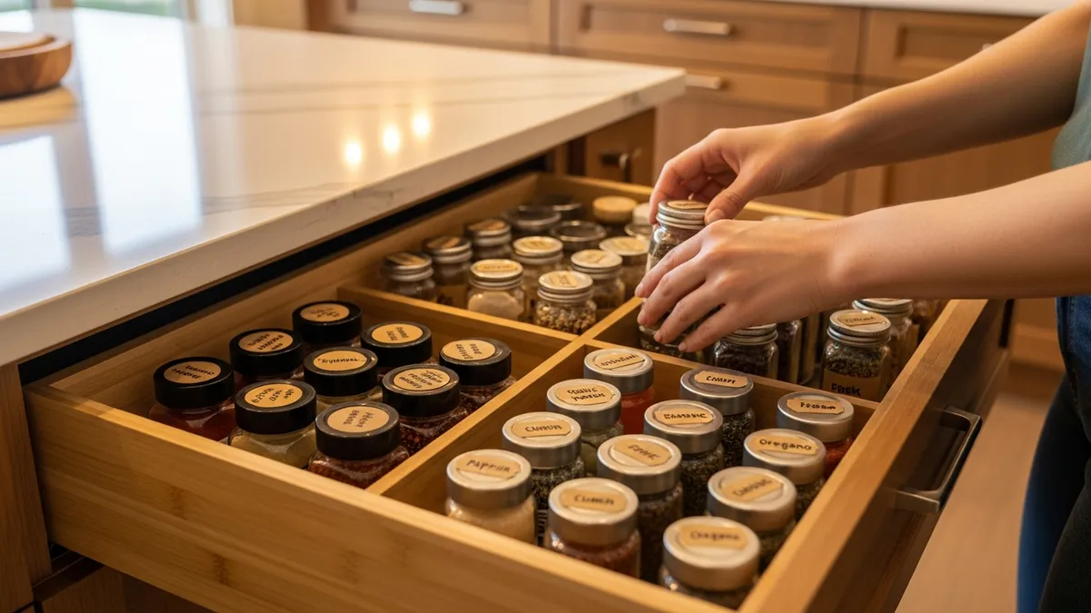 Person organizing spice storage containers into a kitchen drawer organizer