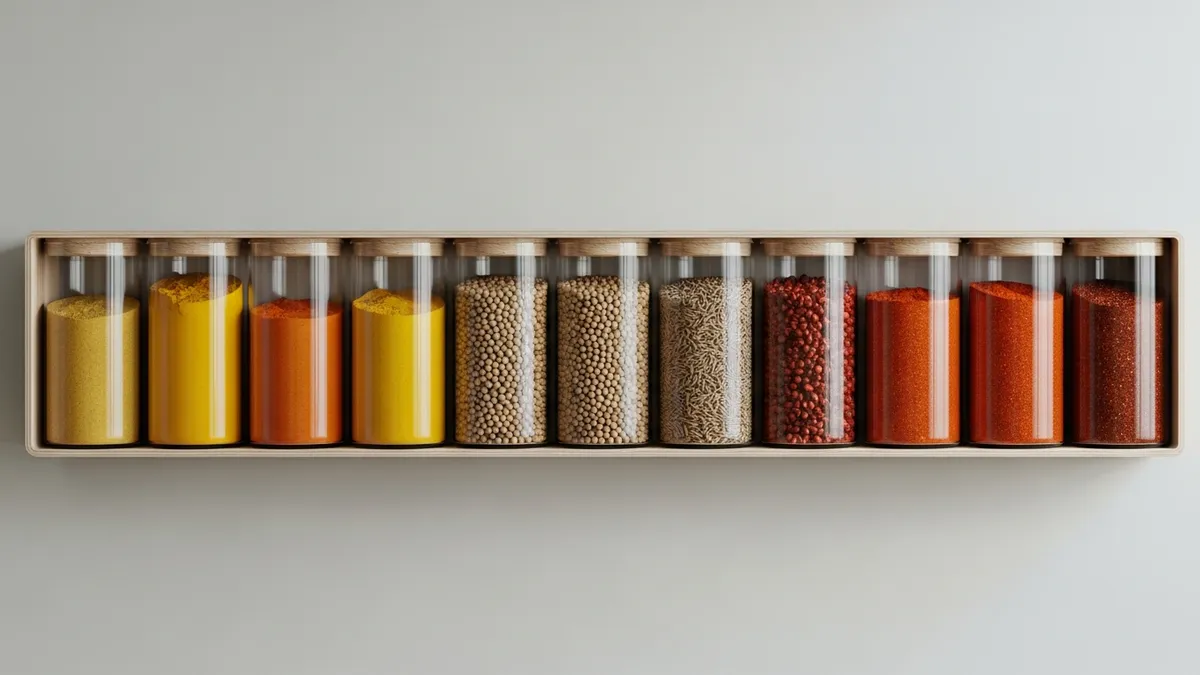 Wall-mounted rack with uniform glass spice storage containers filled with colorful Indonesian spices