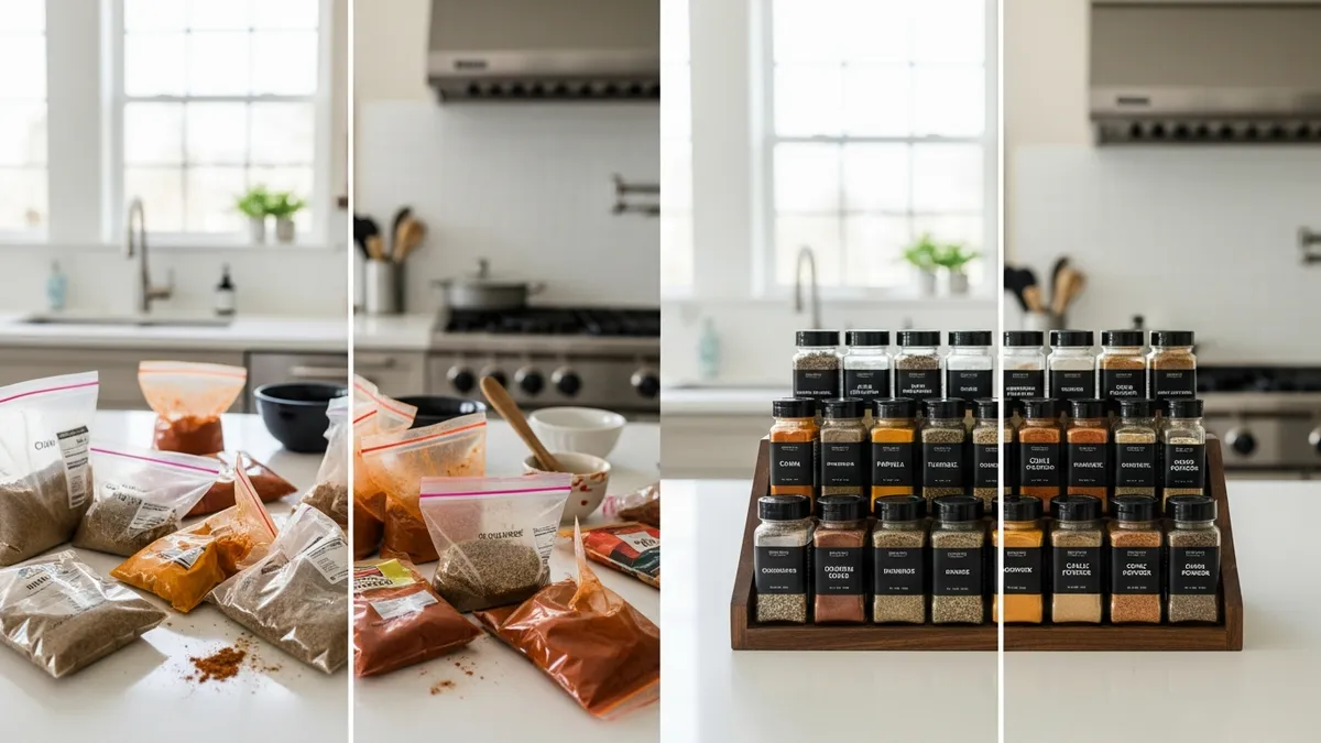 Before and after comparison of cluttered spice bags versus organized spice storage containers on kitchen counter