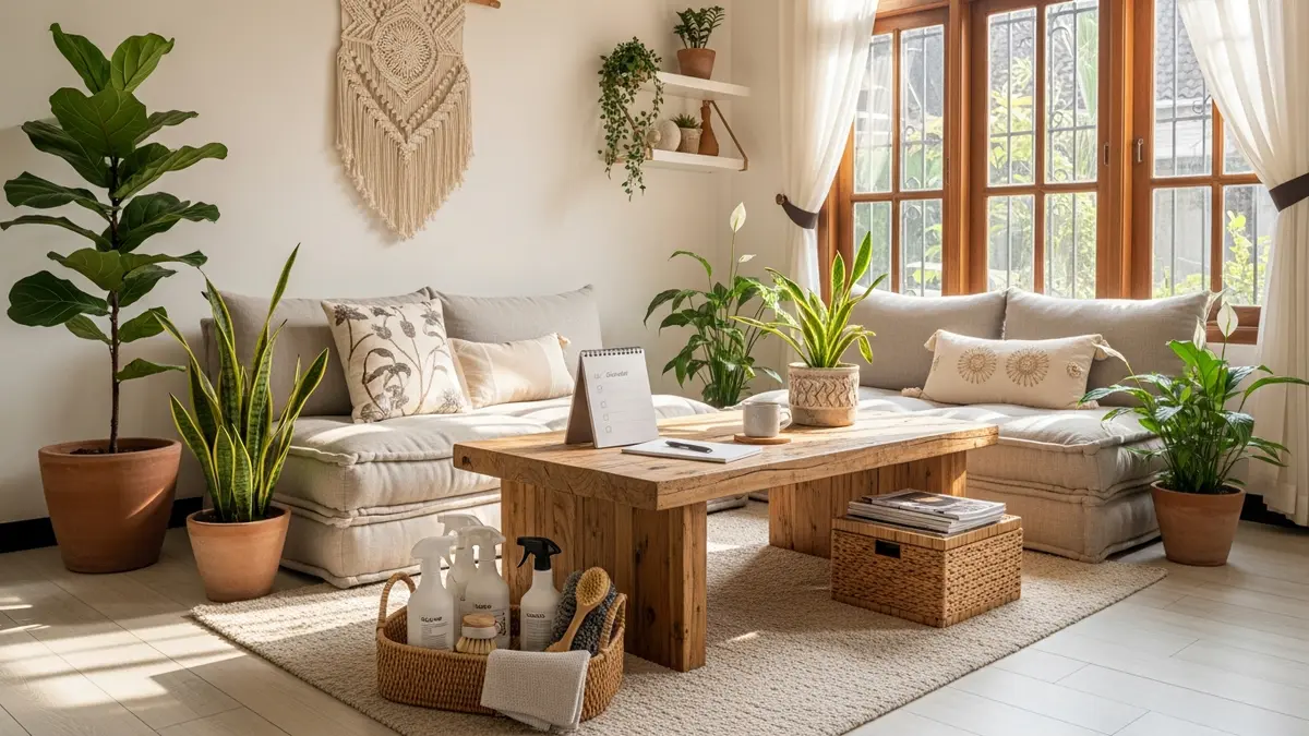 Spring cleaning checklist for Indonesian home with organized living room and cleaning supplies