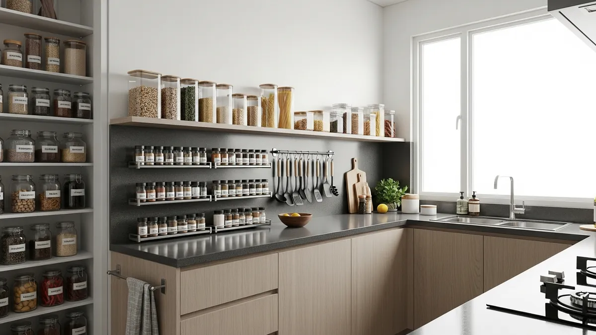 Clean and organized kitchen with labeled storage containers as part of spring cleaning checklist