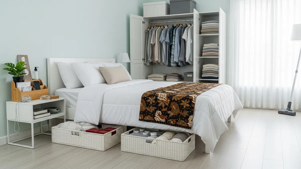 Organized bedroom with storage boxes and neat wardrobe as part of home spring cleaning checklist