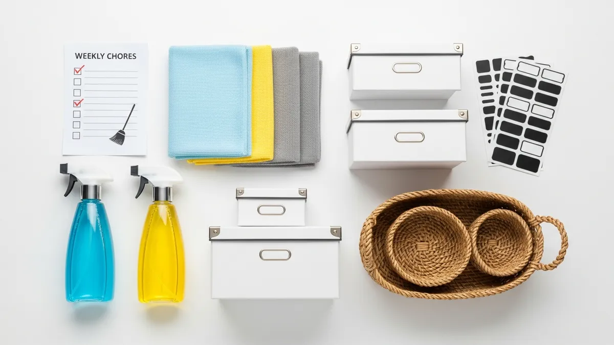 Complete cleaning and organizing supplies needed for a thorough spring cleaning checklist