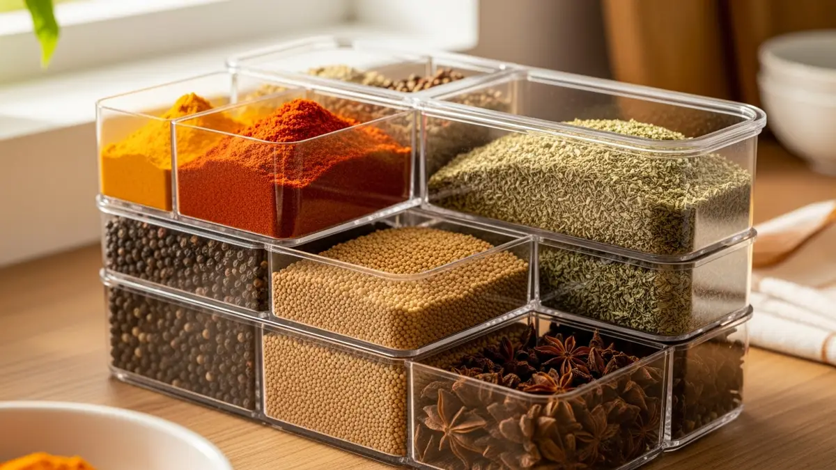 Clear stackable plastic spice rack with organized spice containers