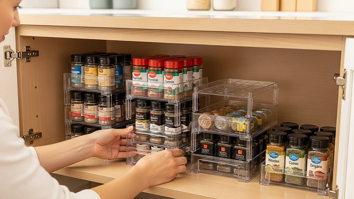 Installing stackable plastic spice racks in kitchen cabinet for organization