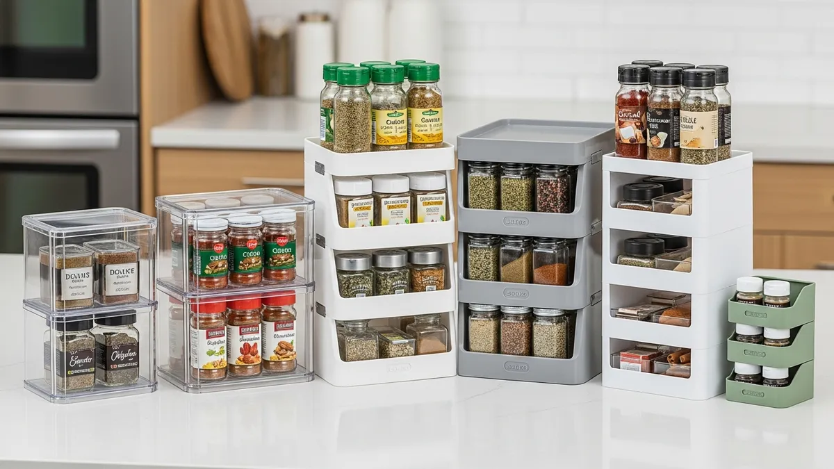 Different types of stackable plastic spice racks for kitchen organization