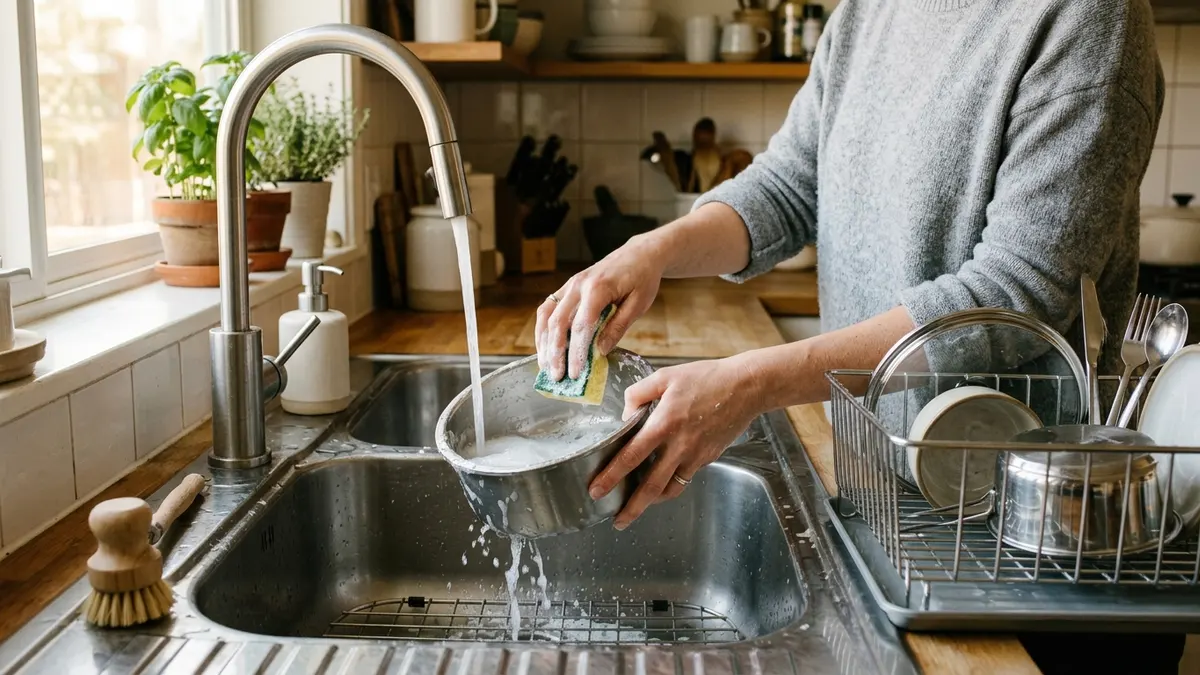 Person washing a stainless steel food storage container by hand at a kitchen sink
