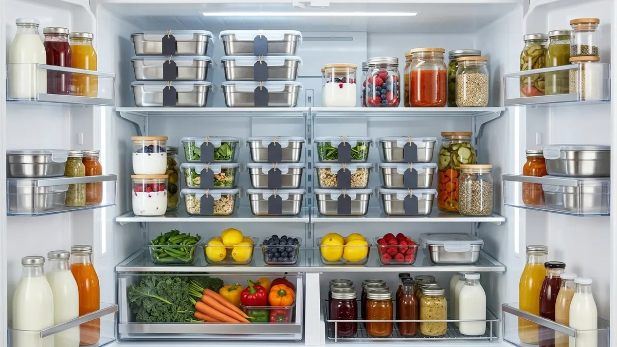 Organized refrigerator with stainless steel food storage containers stacked neatly on shelves