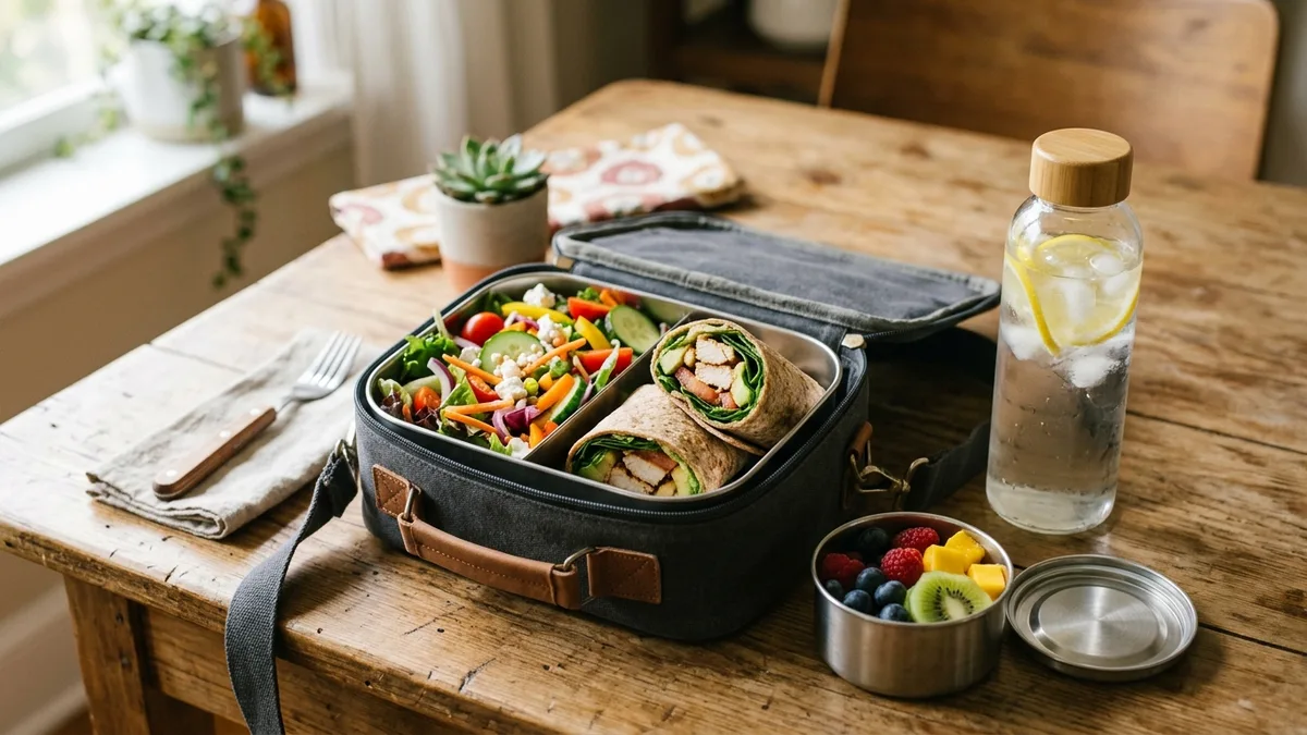 Packed lunch bag with stainless steel food storage containers filled with a healthy balanced meal