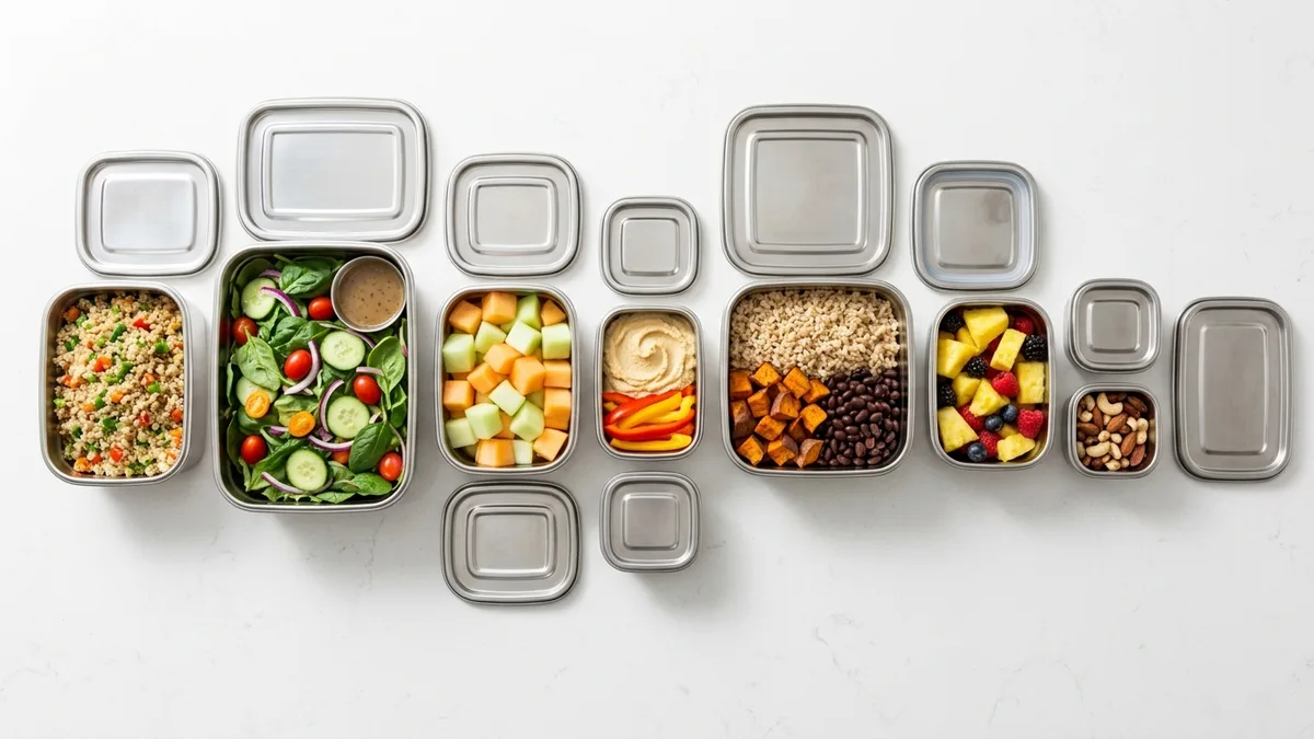 Stainless steel food storage containers in various sizes with meal-prepped food inside