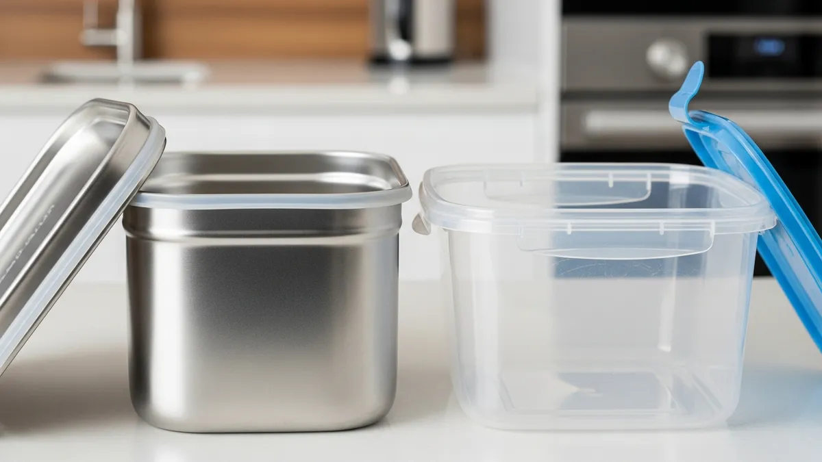 Comparison of stainless food storage containers versus plastic containers showing quality difference
