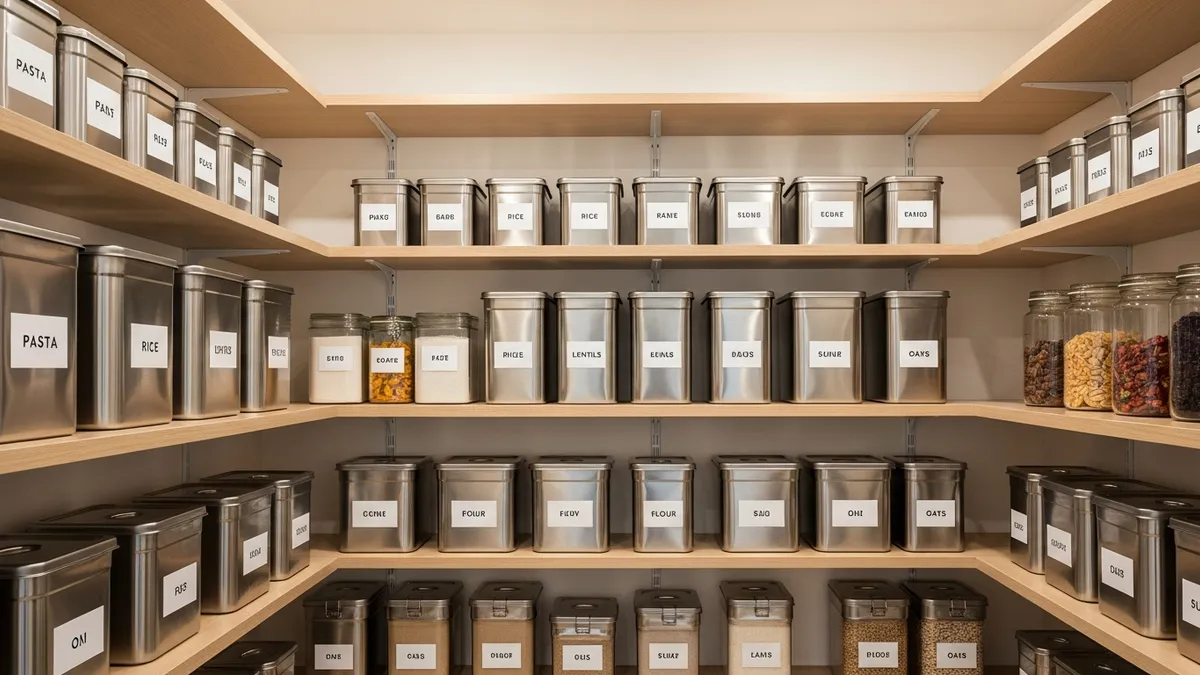 Organized pantry with stainless food storage containers neatly arranged on shelves