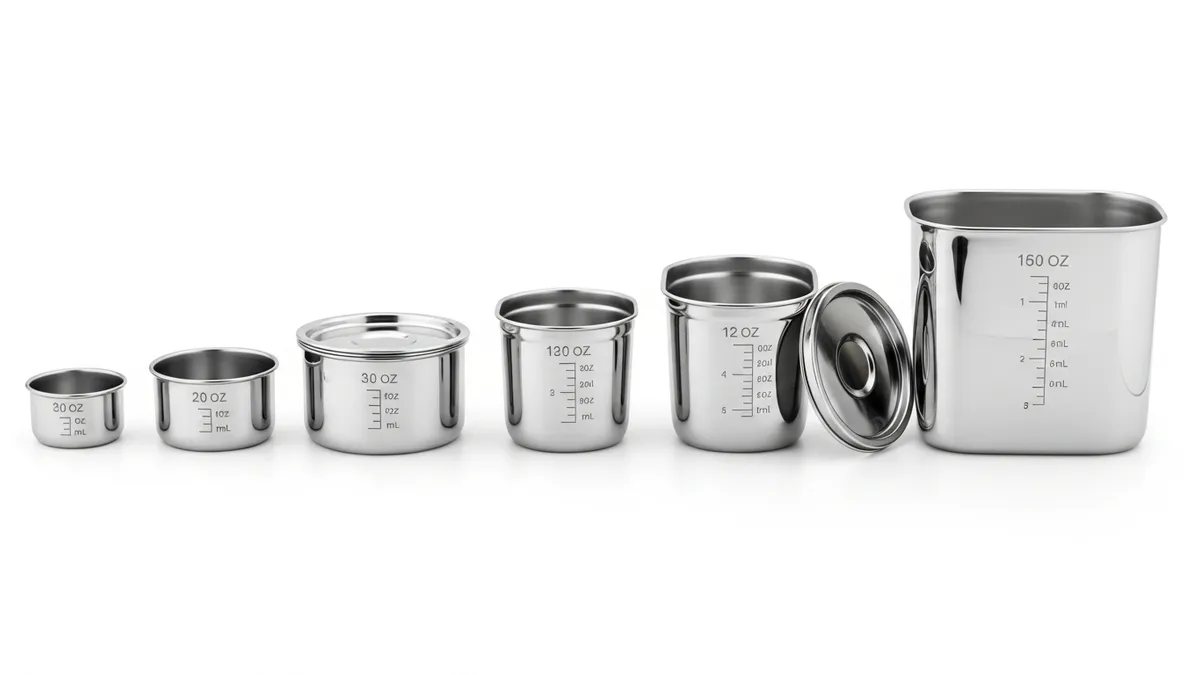 Various sizes of stainless food storage containers displayed from small to large containers