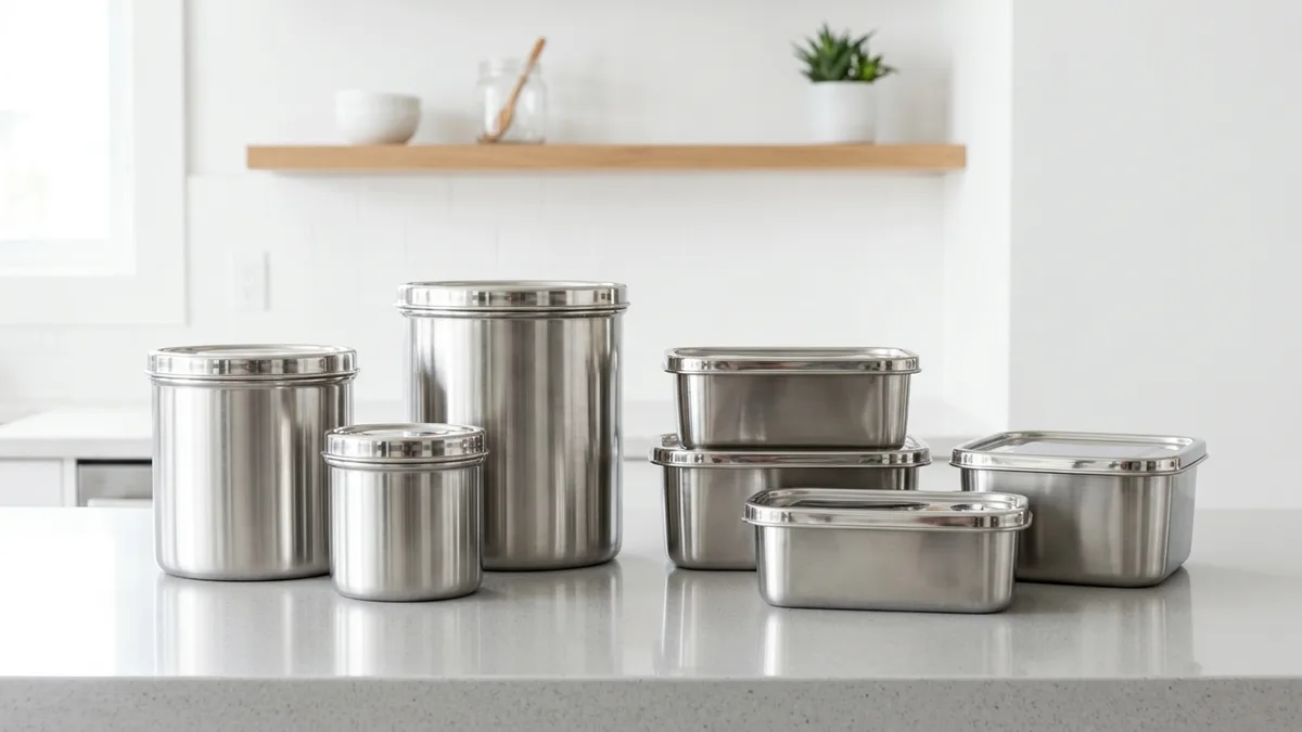 Set of polished stainless steel food storage containers with tight-fitting lids arranged on a modern kitchen countertop