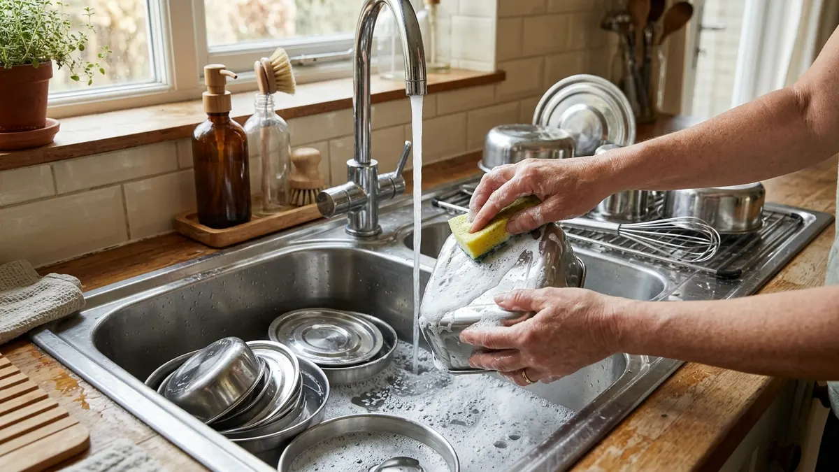 Hand-washing stainless steel food storage containers with a soft sponge at a kitchen sink