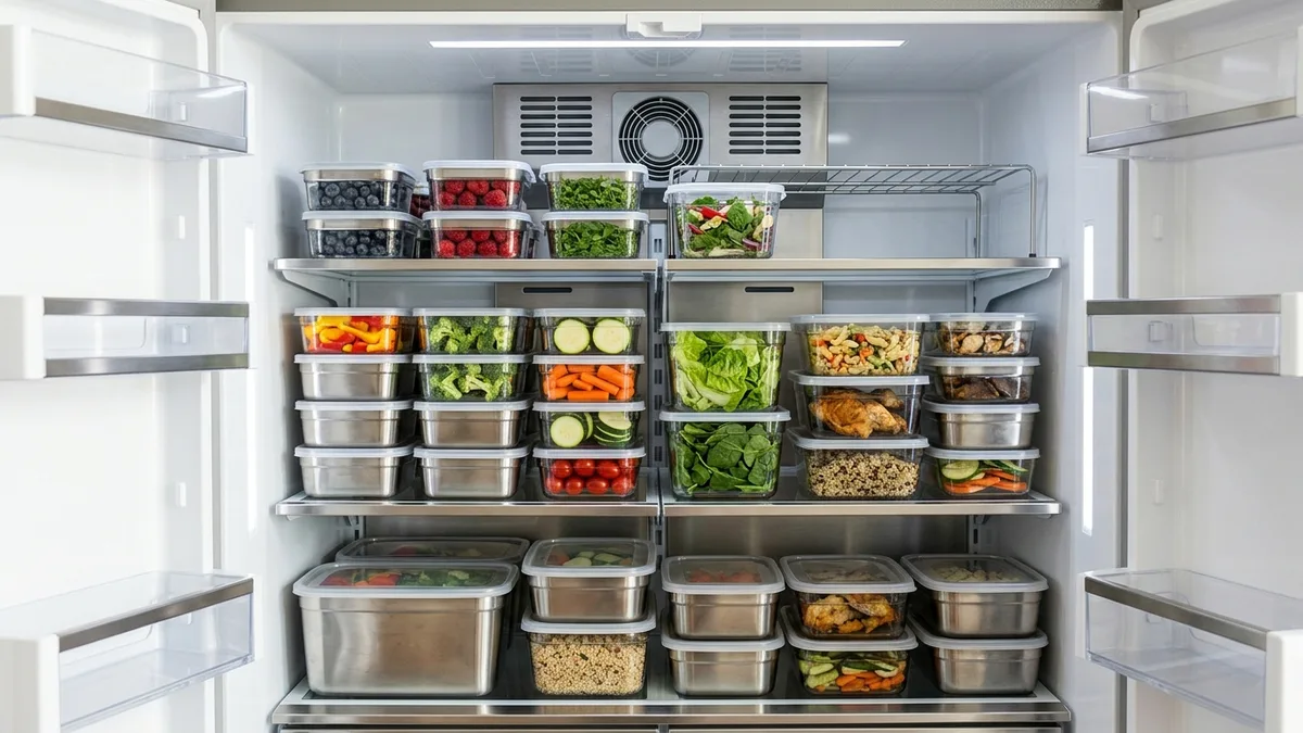 Stainless steel food storage containers stacked neatly on refrigerator shelves with fresh foods inside