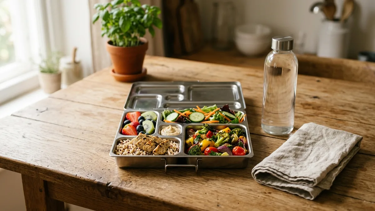Stainless steel food storage container packed as a lunchbox with a balanced meal on a wooden kitchen table