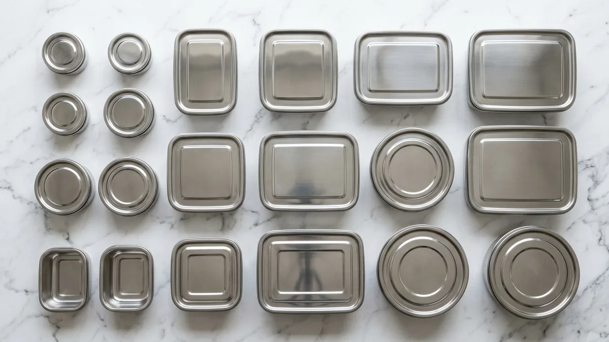 Flat lay of stainless steel food storage containers in multiple sizes on a white marble kitchen surface