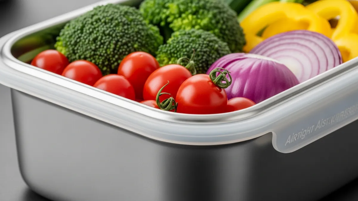 Close-up of stainless steel food storage container highlighting durability and airtight seal for fresh food storage
