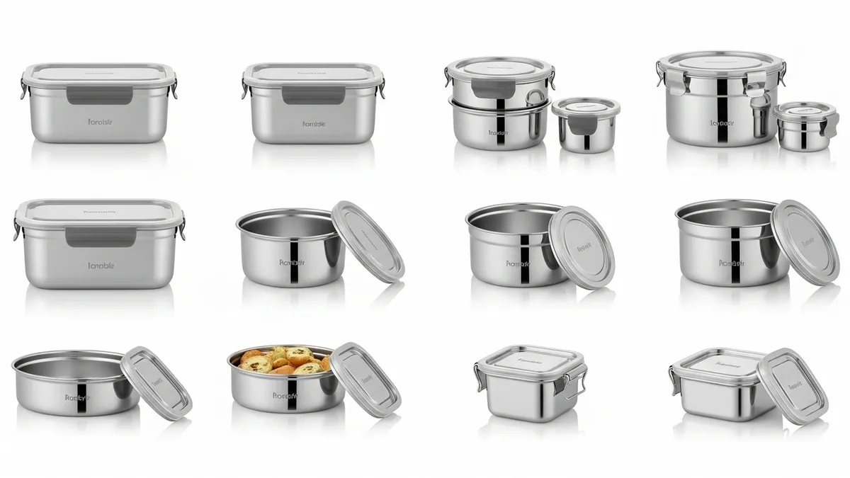 Comparison of different stainless steel food storage containers showing various sizes and designs for kitchen organization