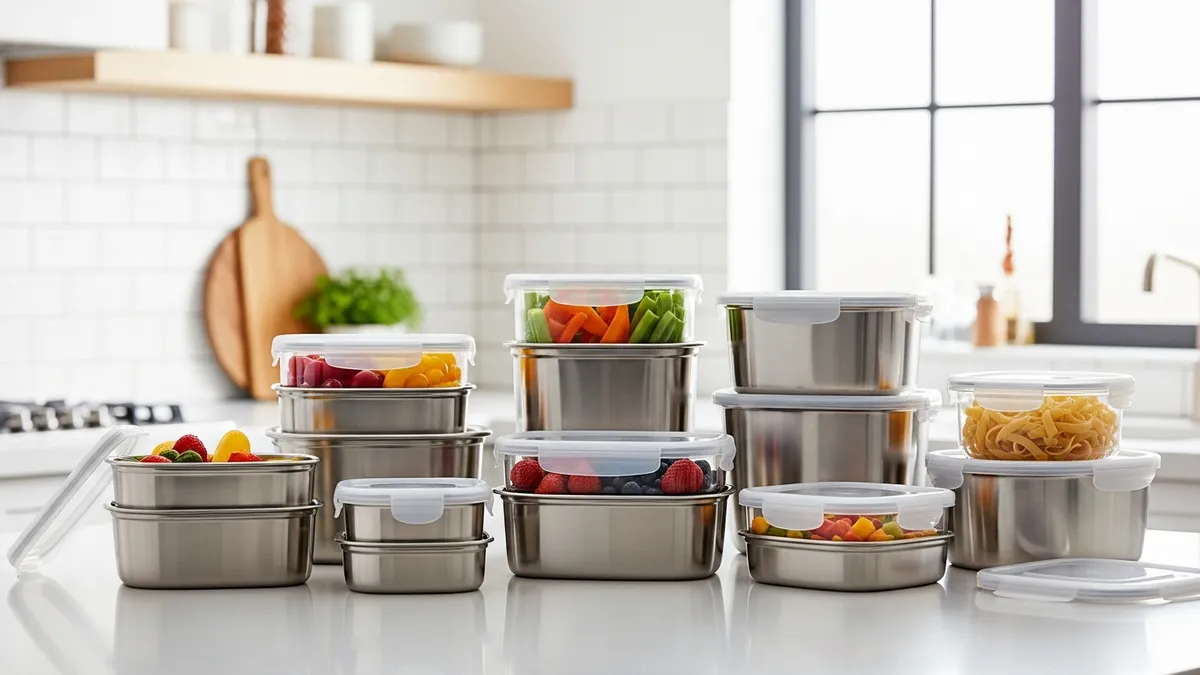 Stainless steel food storage containers with lids on kitchen counter showing durable food storage solutions