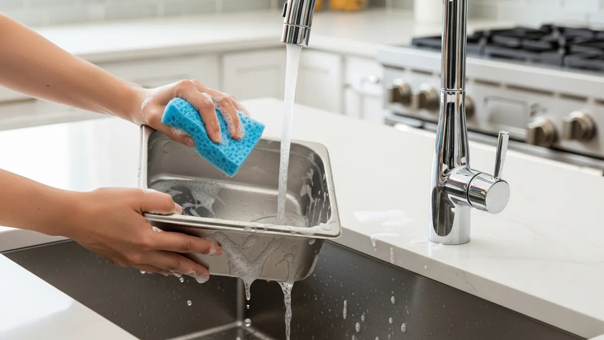 Proper maintenance of stainless steel food storage containers showing easy cleaning and care