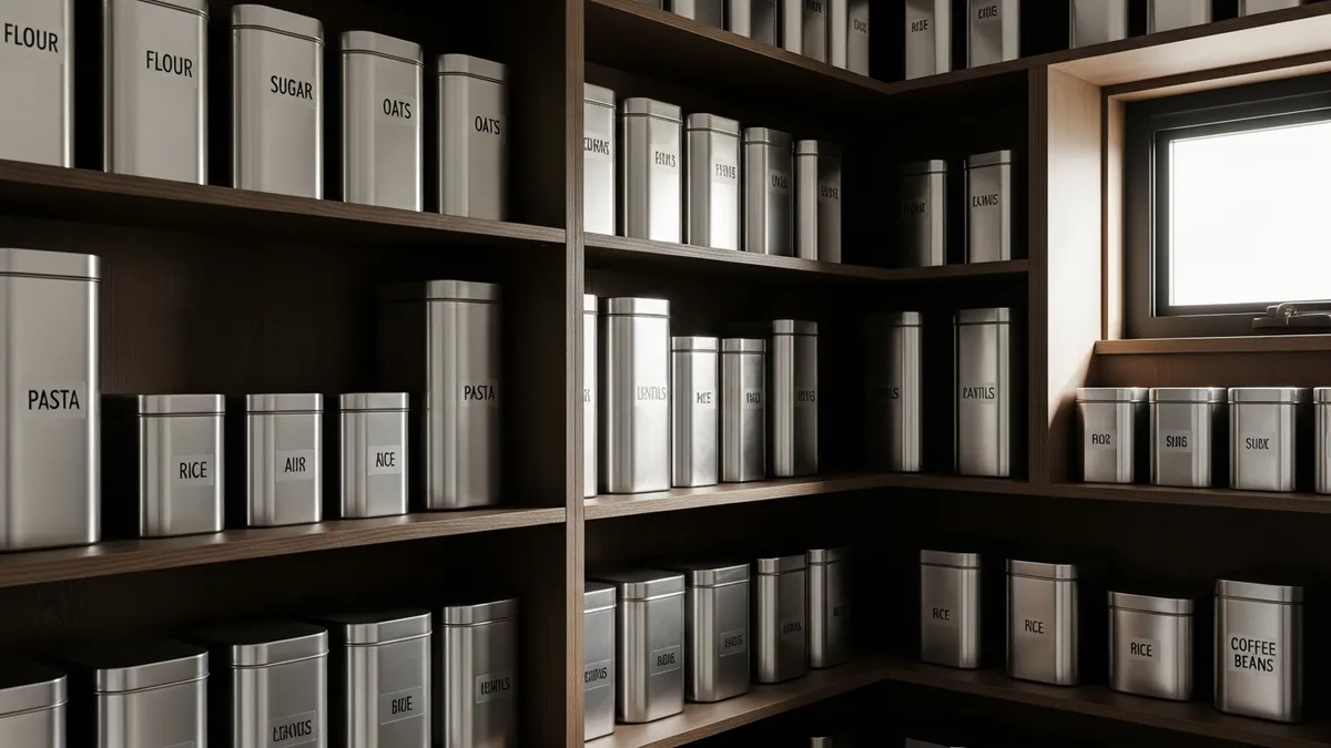 Organized pantry with stainless steel food storage containers showing efficient kitchen storage solutions