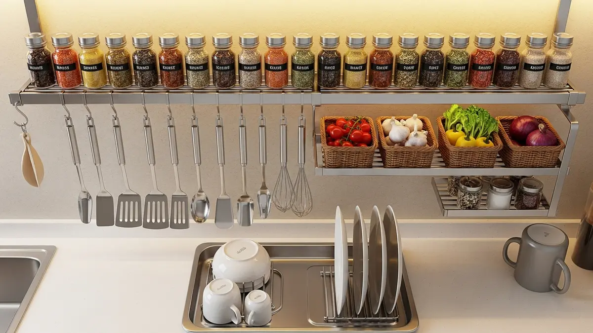 Stainless steel kitchen rack terorganisir dengan rapi berisi bumbu, peralatan masak, dan tempat piring