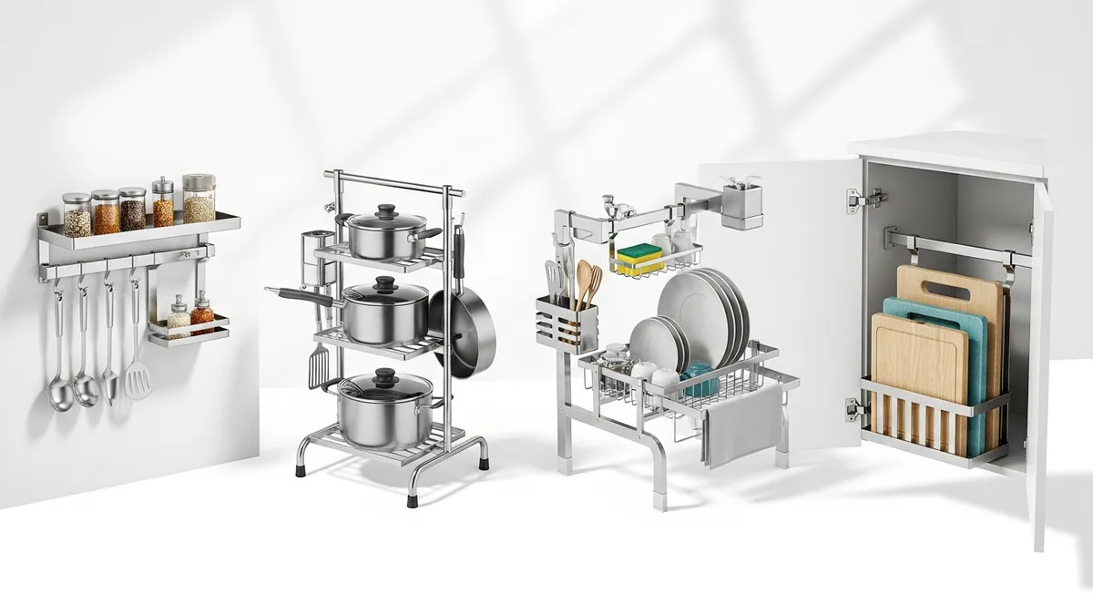 Various types of stainless steel kitchen rack including wall mounted freestanding and over sink models