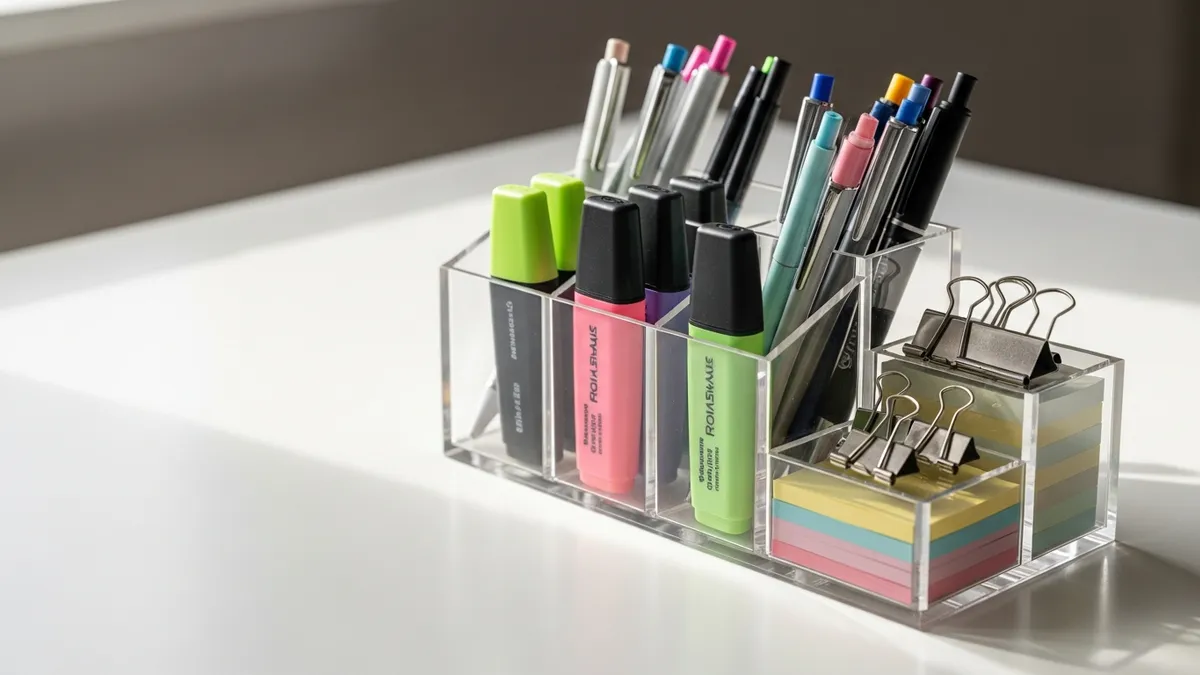 Clear acrylic desk stationery organizer with pens and office supplies neatly sorted