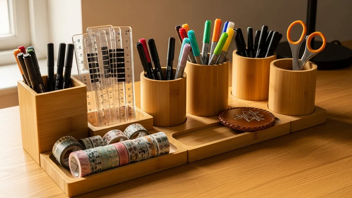 Bamboo wooden stationery organizer cups and trays on a home office desk